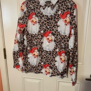 Leopard Santa Print Button Down Shirt